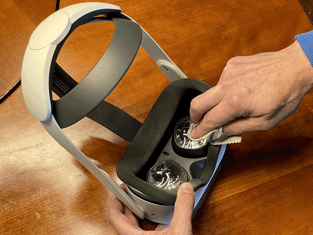 cleaning a vr headset with a cloth lens
