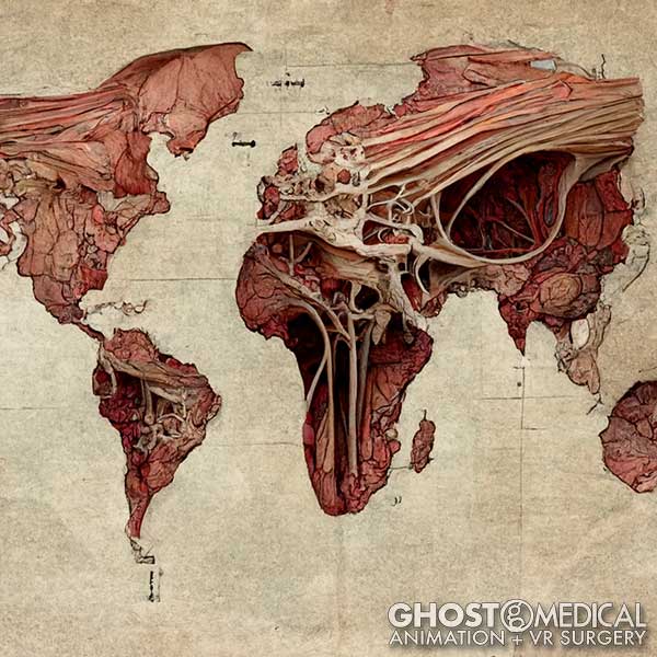 A literal map of anatomy, continents made out of organic connective tissues