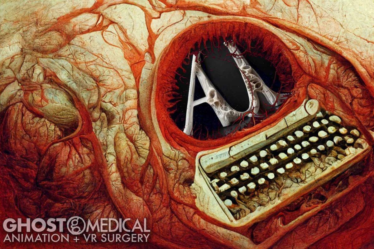 AI generated image of a typewriter spelling out "AI" from bone tissue